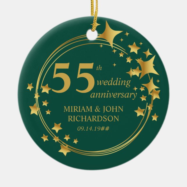 55th Emerald Wedding Anniversary Photo Gold Stars Ceramic Tree Decoration (Front)