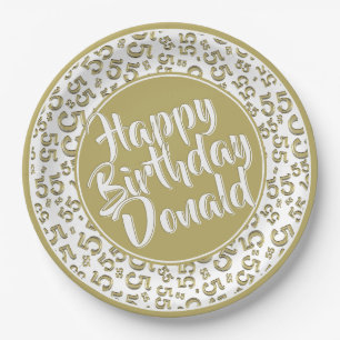 55th Gold/White Random Number Pattern Paper Plate