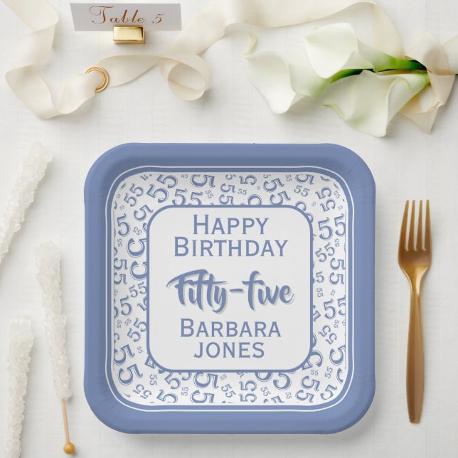 55th Party Random Number Pattern Blue/White Paper Plate (Wedding)