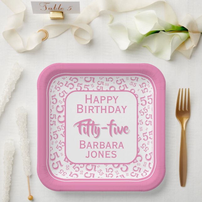 55th Party Random Number Pattern Pink/White Paper Plate (Wedding)