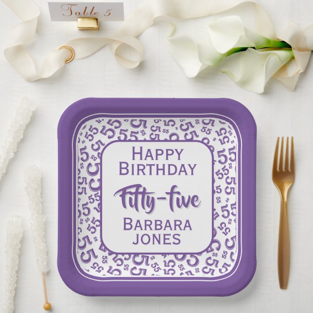 55th Party Random Number Pattern Purple/White Paper Plate (Wedding)