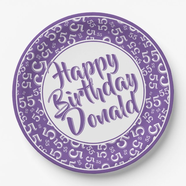 55th Purple/White Random Number Pattern Paper Plate (Front)