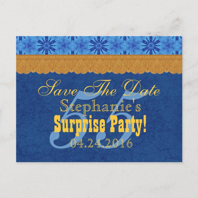 55th SURPRISE Birthday Save the Date Blue Gold V02 Announcement Postcard (Front)