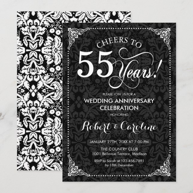 55th Wedding Anniversary - Black White Damask Invitation (Front/Back)