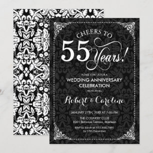 55th Wedding Anniversary - Black White Damask Invitation