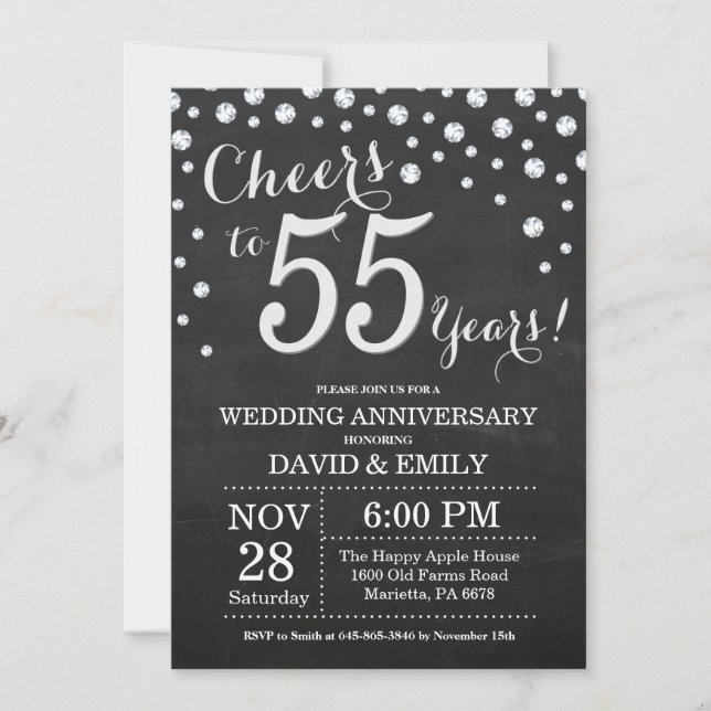 55th Wedding Anniversary Chalkboard Black Silver Invitation (Front)
