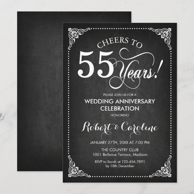 55th Wedding Anniversary - Chalkboard White Invitation (Front/Back)