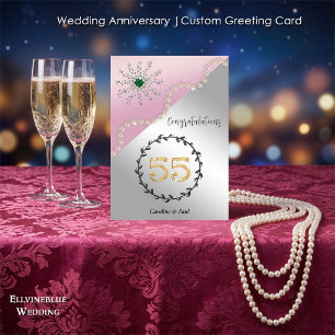 55th Wedding Anniversary Chic Emerald & Pearls Card