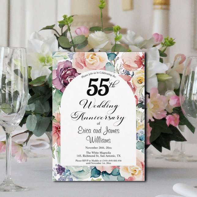 55th Wedding Anniversary Elegant Script Floral Invitation (Creator Uploaded)