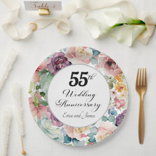 55th Wedding Anniversary Elegant Script Floral Paper Plate