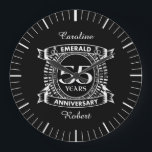 55th wedding anniversary emerald crest large clock<br><div class="desc">A romantic design to celebrate your 55th year of marriage. If you would like any help customising this design please contact me, their is an ask this designer button, just below this text. This fifty fifth, 55 years wedding anniversary crest has the text emerald as that is the traditional gift...</div>