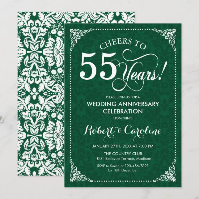 55th Wedding Anniversary Emerald Green Damask Invitation (Front/Back)