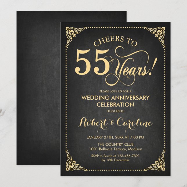 55th Wedding Anniversary - Gold Chalkboard Invitation (Front/Back)