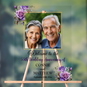 55th Wedding Anniversary Gold Frame Purple Roses Acrylic Sign