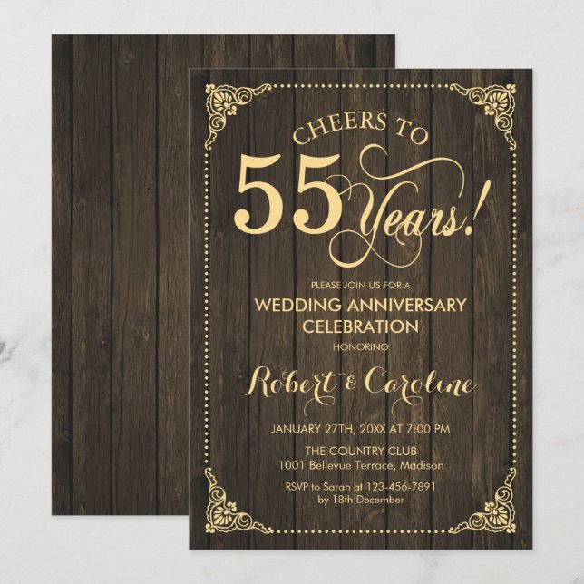 55th Wedding Anniversary - Gold Wood Invitation (Front/Back)