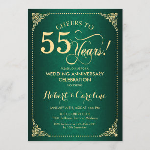 55th Wedding Anniversary - Green Gold Damask Invitation