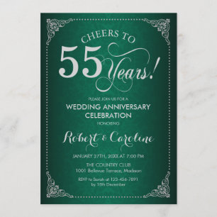55th Wedding Anniversary - Green Silver Damask Invitation
