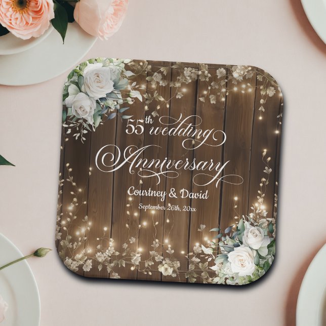 55th Wedding Anniversary Rustic String Lights  Paper Plate (Creator Uploaded)