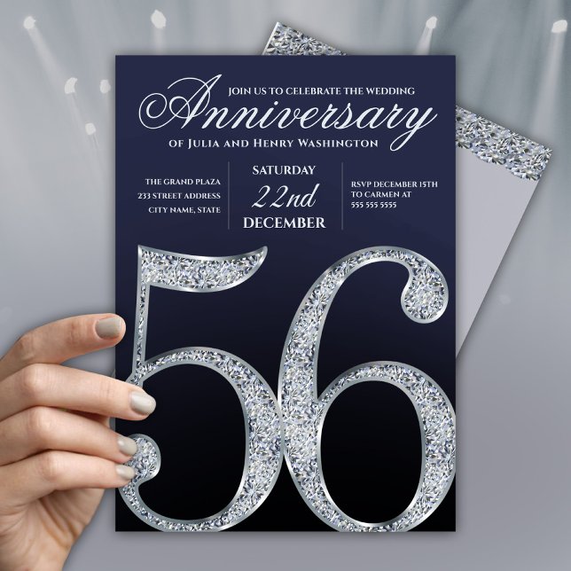 56th Anniversary Diamond Silver Navy Blue Modern Invitation (Creator Uploaded)