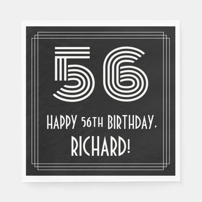 56th Birthday: Art Deco Inspired Look "56" + Name Napkin (Front)