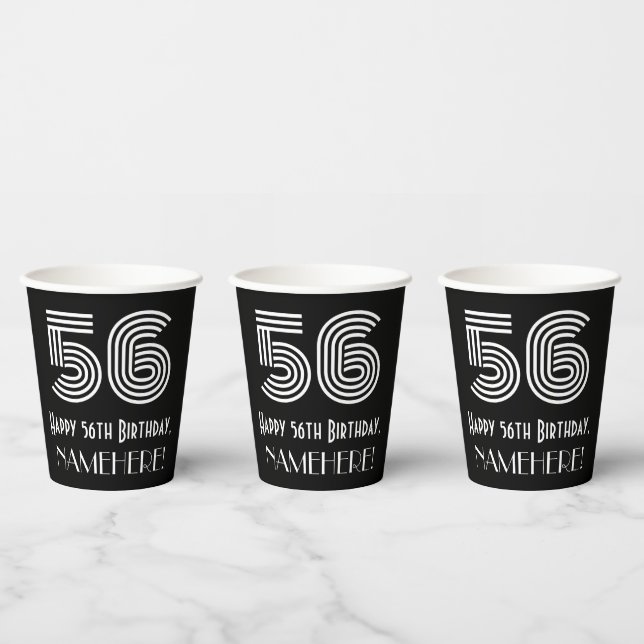 56th Birthday — Art Deco Inspired Look “56” + Name Paper Cups (Multi)