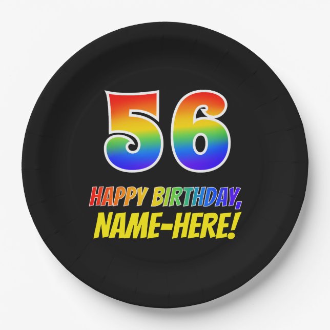 56th Birthday: Bold, Fun, Simple, Rainbow 56 Paper Plate (Front)