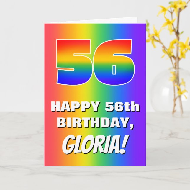 56th Birthday: Colorful, Fun Rainbow Pattern # 56 Card (Yellow Flower)