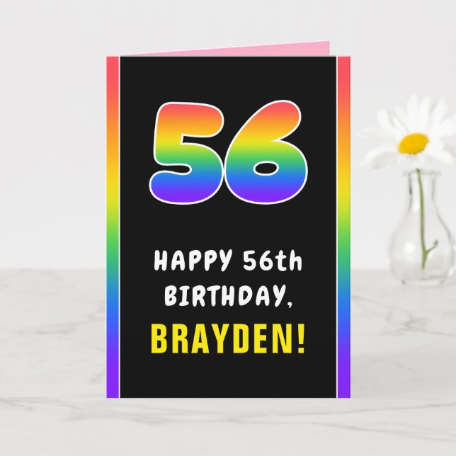 56th Birthday: Colourful Rainbow # 56, Custom Name Card (Small Plant)