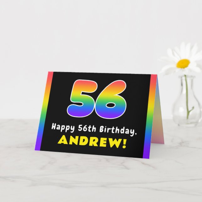 56th Birthday: Colourful Rainbow # 56, Custom Name Card (Small Plant)