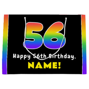 56th Birthday: Colourful Rainbow # 56, Custom Name Large Gift Bag