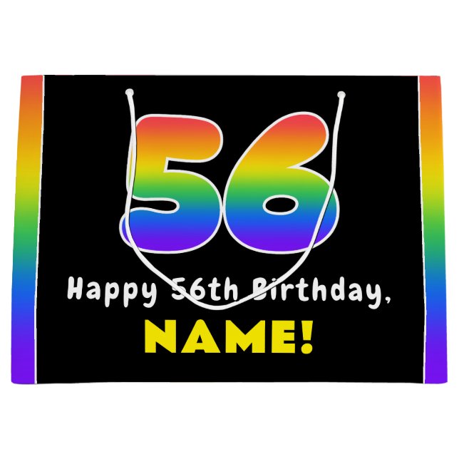 56th Birthday: Colourful Rainbow # 56, Custom Name Large Gift Bag (Front)