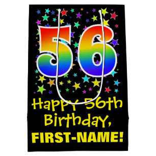 56th Birthday: Colourful Stars Pattern & Rainbow 5 Medium Gift Bag