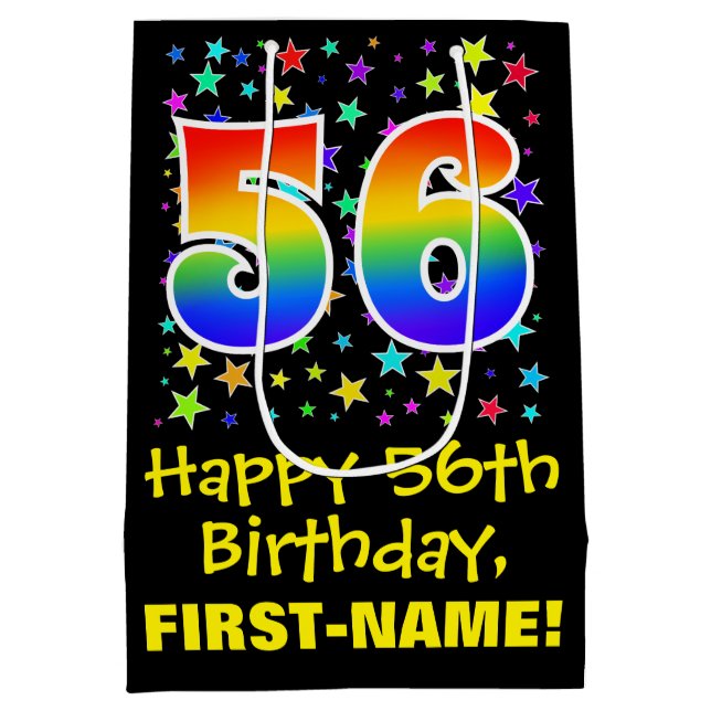 56th Birthday: Colourful Stars Pattern & Rainbow 5 Medium Gift Bag (Back)
