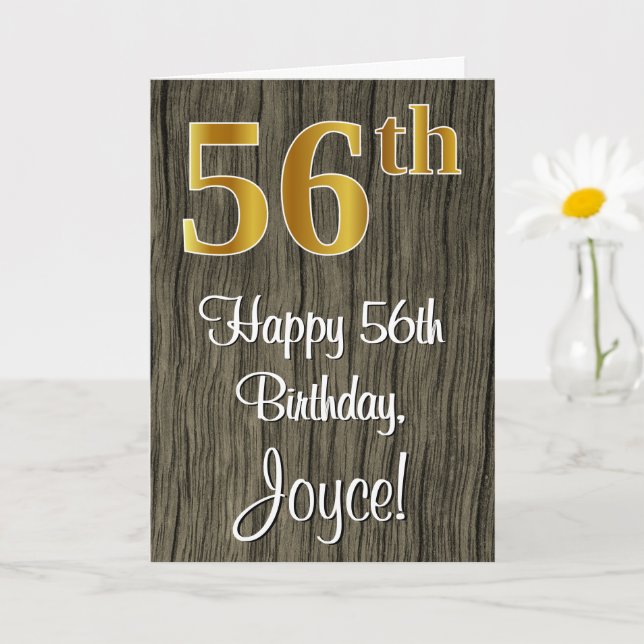 56th Birthday: Elegant Faux Gold Look #, Faux Wood Card (Small Plant)