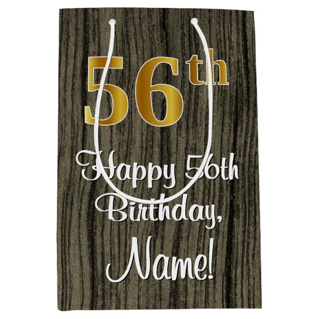 56th Birthday: Elegant Faux Gold Look #, Faux Wood Medium Gift Bag (Front)