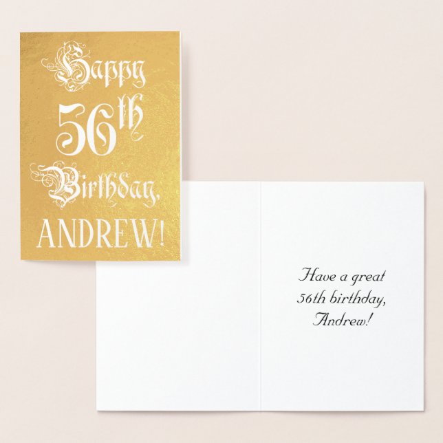 56th Birthday: Elegant, Ornate Script; Custom Name Foil Card (Display)