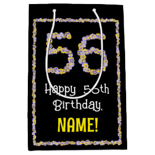56th Birthday: Floral Flowers Number, Custom Name Medium Gift Bag