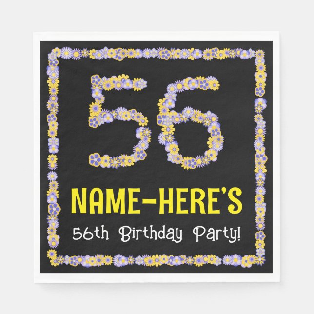 56th Birthday: Floral Flowers Number, Custom Name Napkin (Front)