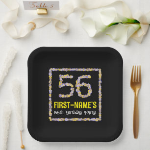 56th Birthday: Floral Flowers Number, Custom Name Paper Plate