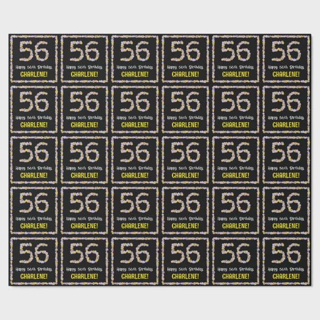 56th Birthday: Floral Flowers Number, Custom Name Wrapping Paper (Seam)