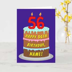 56th Birthday: Fun Cake and Candles + Custom Name Card