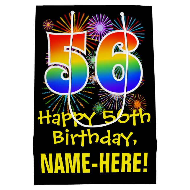 56th Birthday: Fun Fireworks Pattern + Rainbow 56 Medium Gift Bag (Back)
