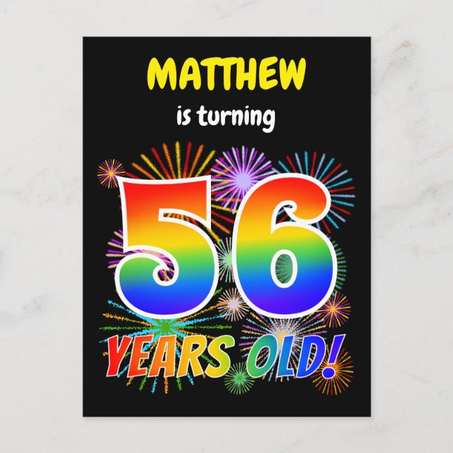 56th Birthday - Fun Fireworks, Rainbow Look "56" Postcard (Front)