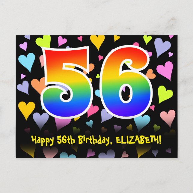 56th Birthday: Fun Hearts Pattern, Rainbow 56 Postcard (Front)