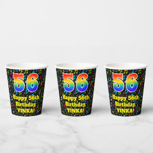 56th Birthday: Fun Music Notes Pattern, Rainbow 56 Paper Cups