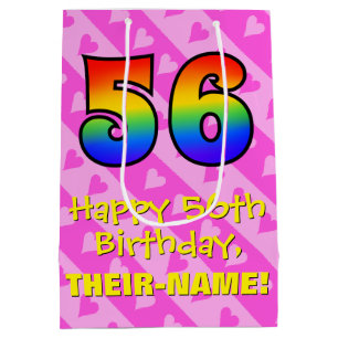 56th Birthday: Fun Pink Hearts Stripes; Rainbow 56 Medium Gift Bag