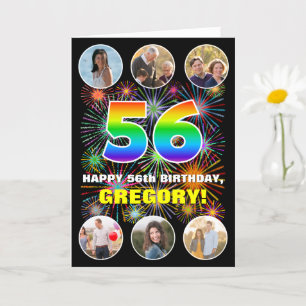56th Birthday: Fun Rainbow #, Custom Name & Photos Card