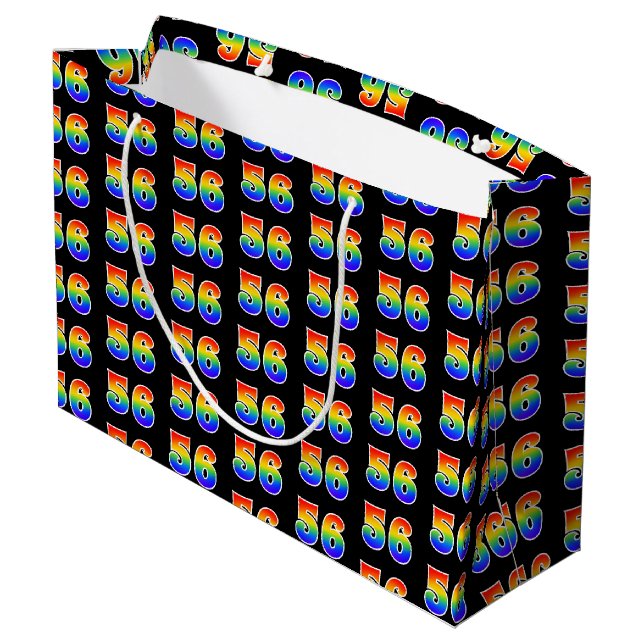 56th Birthday: Fun Rainbow Event Number 56 Pattern Large Gift Bag (Back Angled)