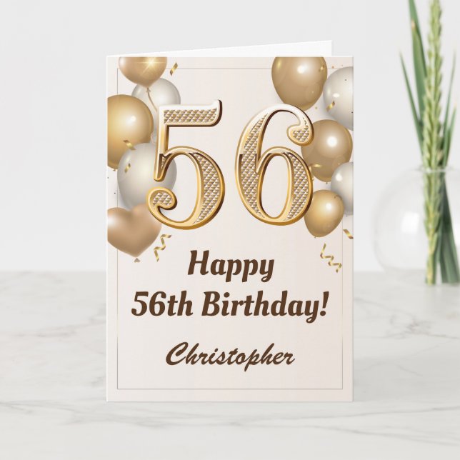 56th Birthday Gold Balloons and Confetti Birthday Card (Front)