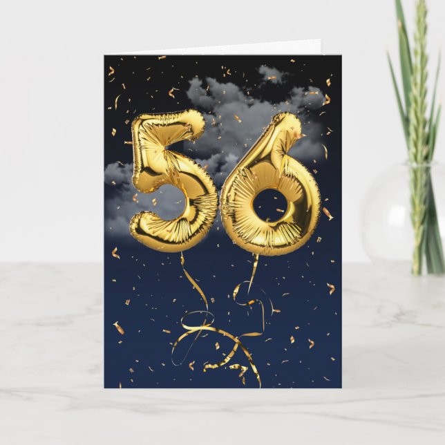 56th Birthday Gold Mylar Balloon and Confetti Card (Front)
